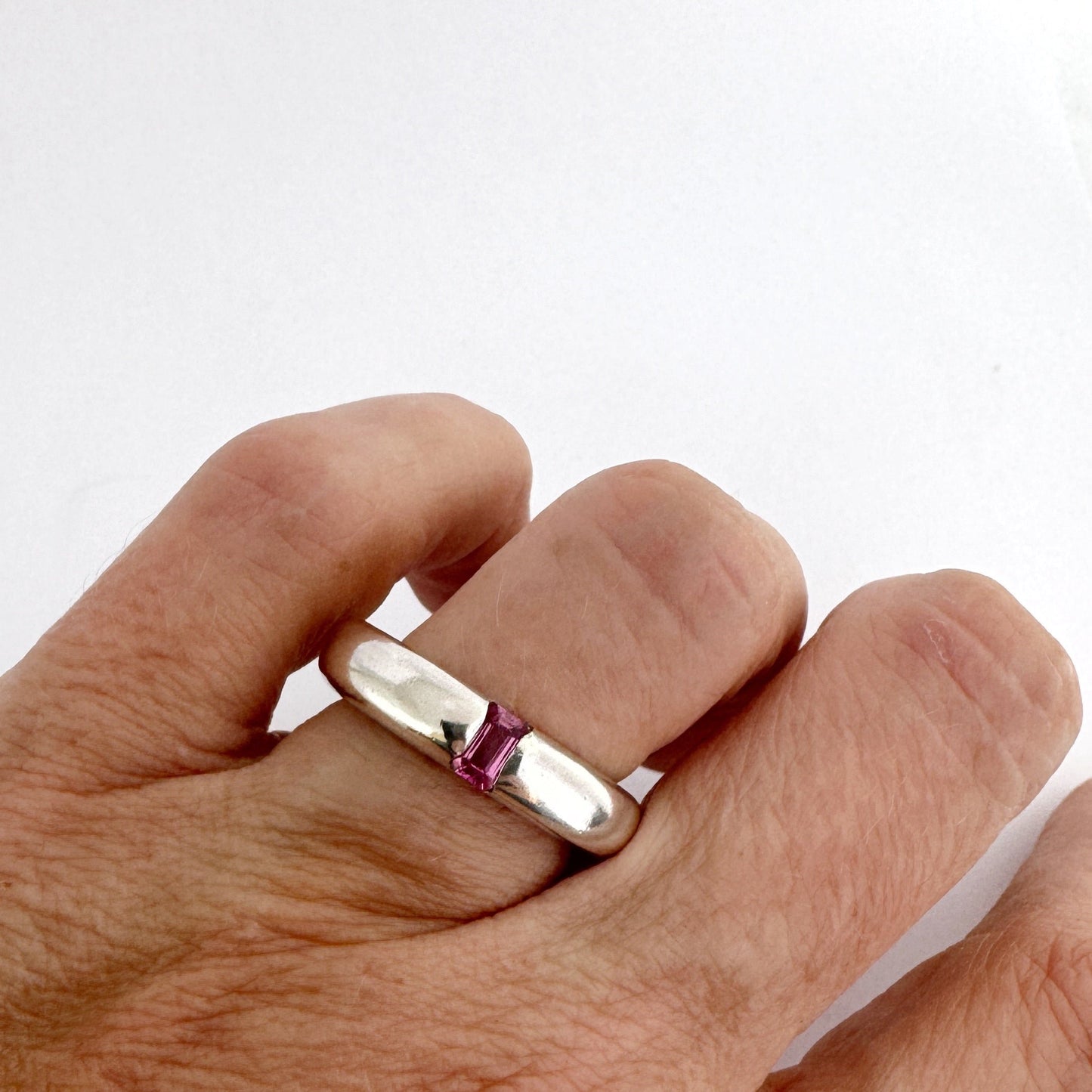5mm wide chunky sterling silver ring with pink tourmaline