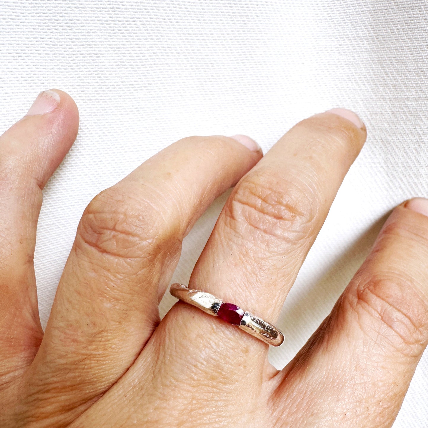 Organic silver stacking ring with oval ruby - birthstone jewellery by Savage Jewellery