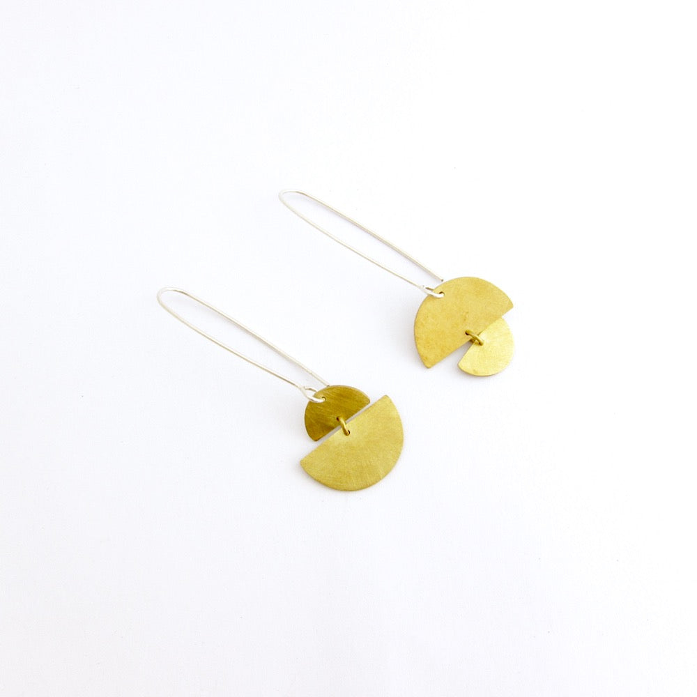 Sunrise sunset asymmetrical earrings in brass with sterling silver hook by Savage Jewellery