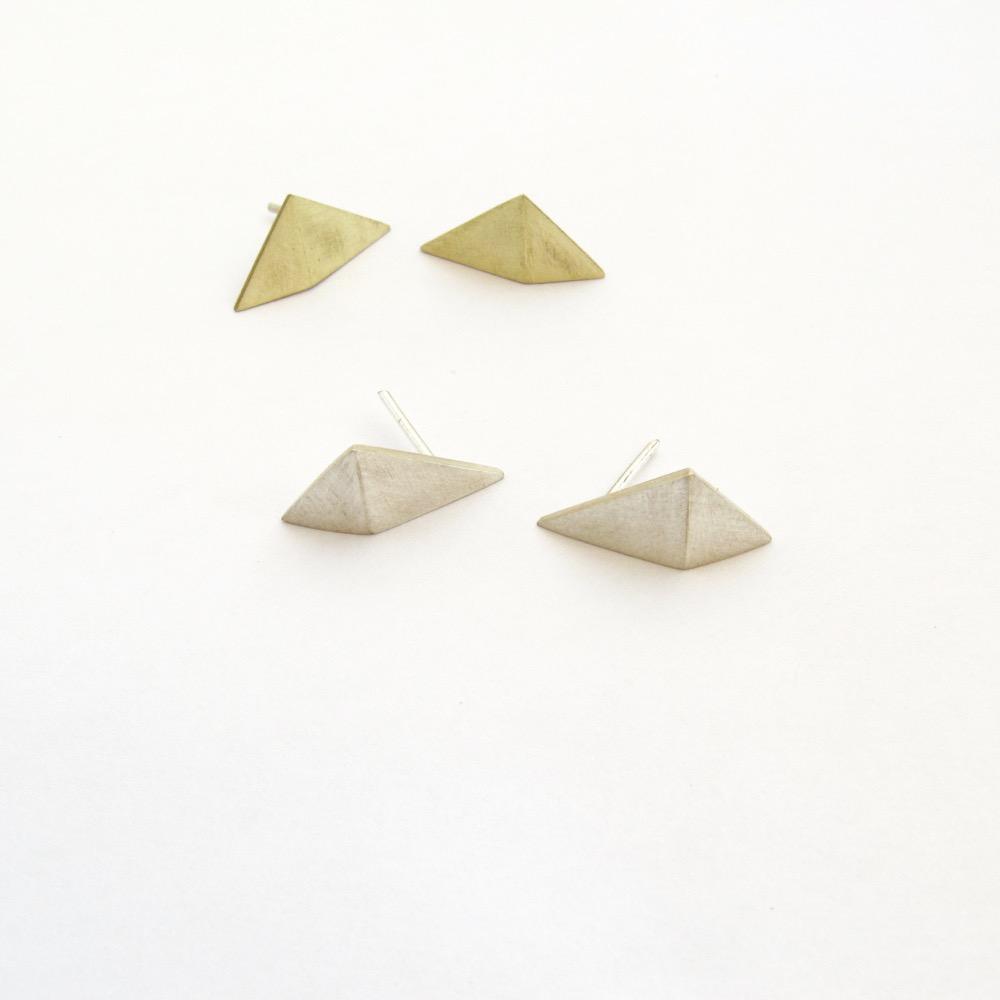 Folded triangle earrings in sterling silver and brass