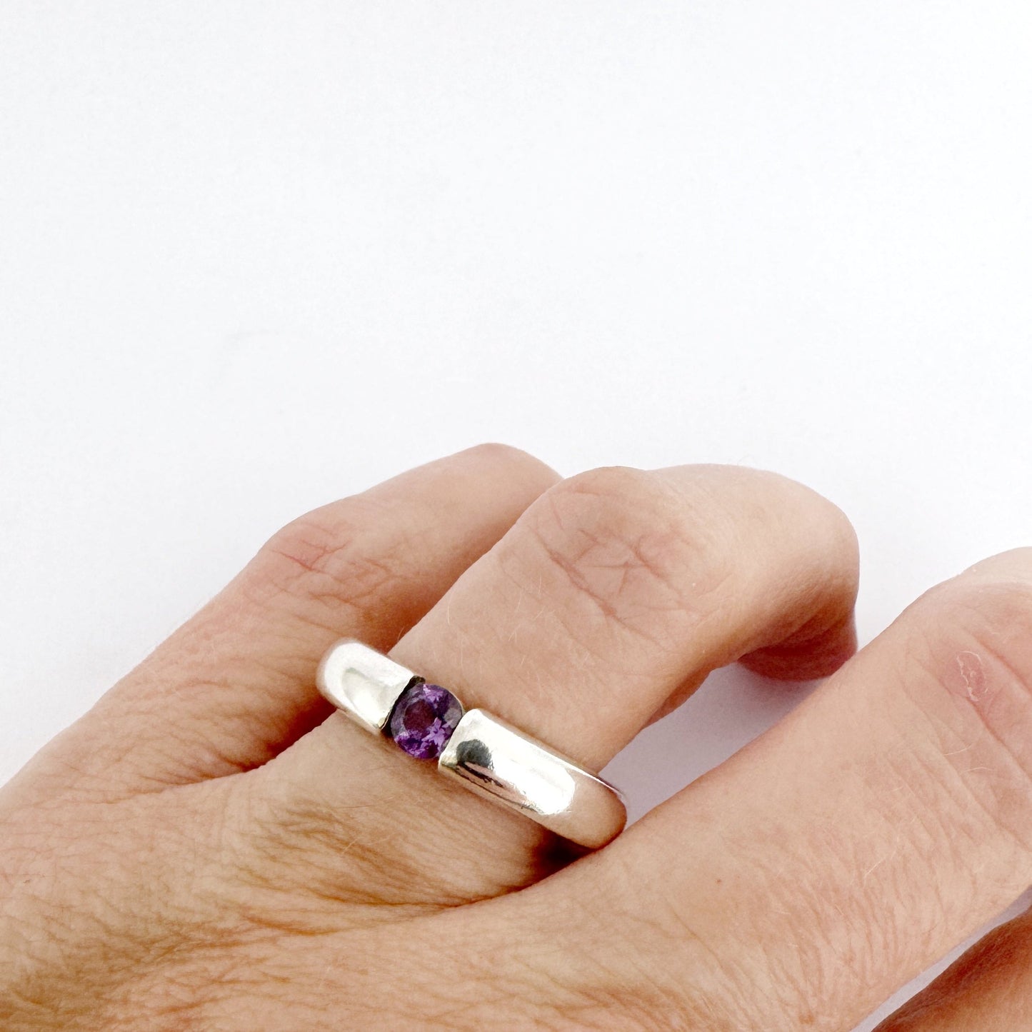 modern minimalist silver ring with round 5mm amethyst by Savage Jewellery