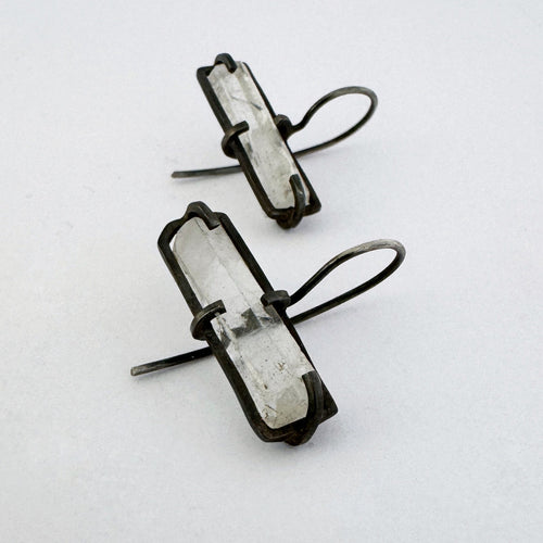 Oxidised silver and quartz crystal earrings by contemporary jeweller Savage Jewellery