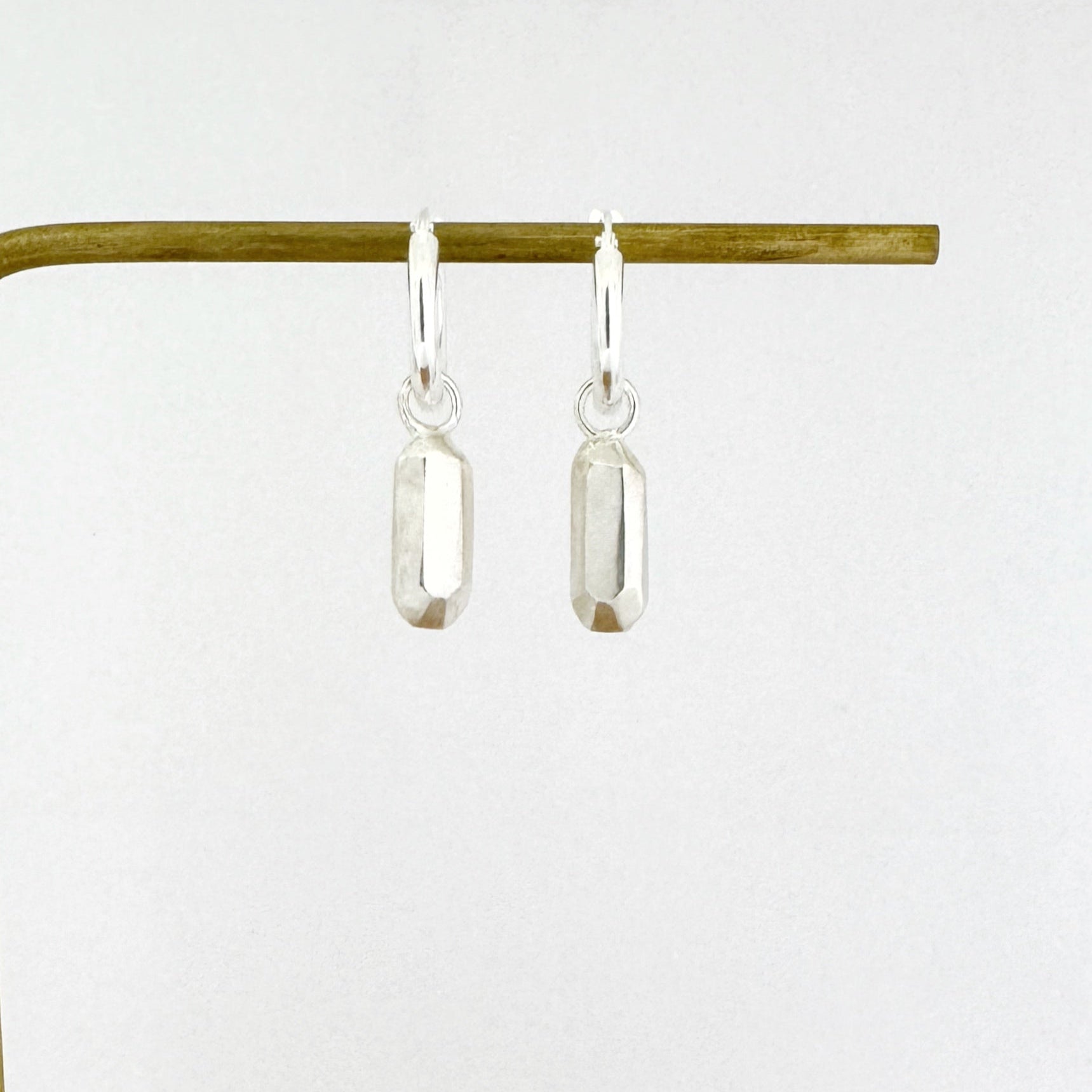 Modern hoop earrings with emerald cut nugget charm in sterling silver by Savage Jewellery - perfect everyday wear earrings