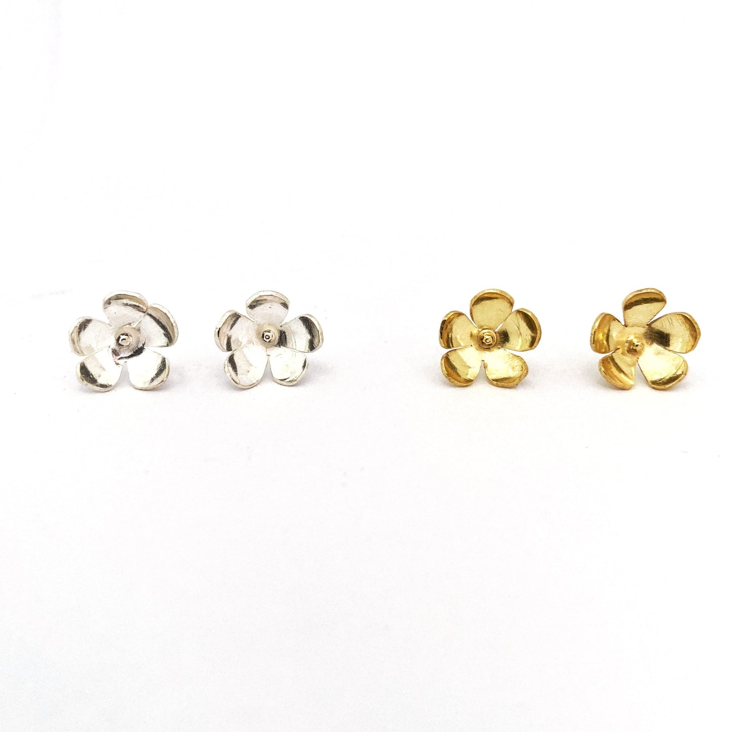 silver and gold five petal flower stud earrings by Durban designer Savage Jewellery