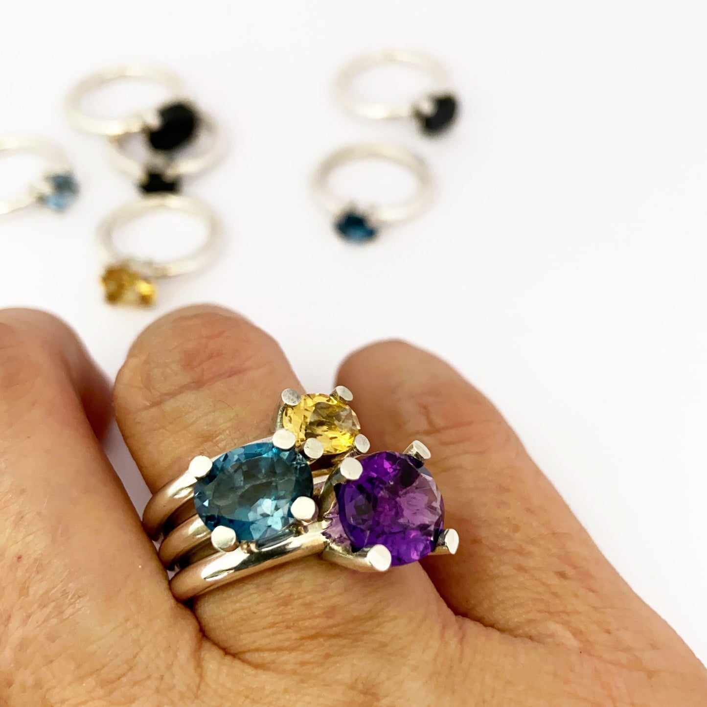 Unique gemstone stacking rings by designer Savage Jewellery