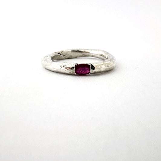 textured organic sterling silver ring with oval ruby by contemporary South African jeweller - Savage Jewellery