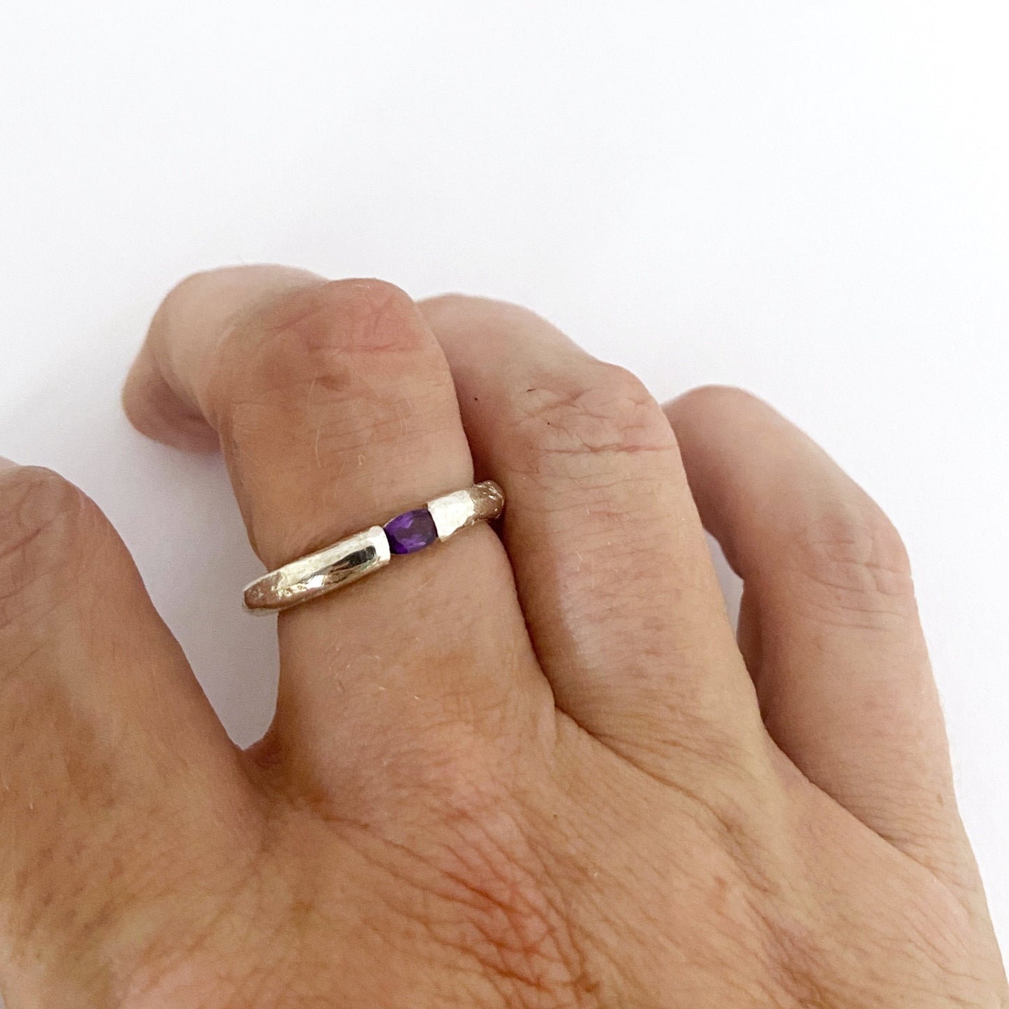 textured silver ring with amethyst birthstone by designer Savage Jewellery