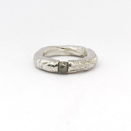 Designer organic silver ring with round rose cut salt and pepper diamond