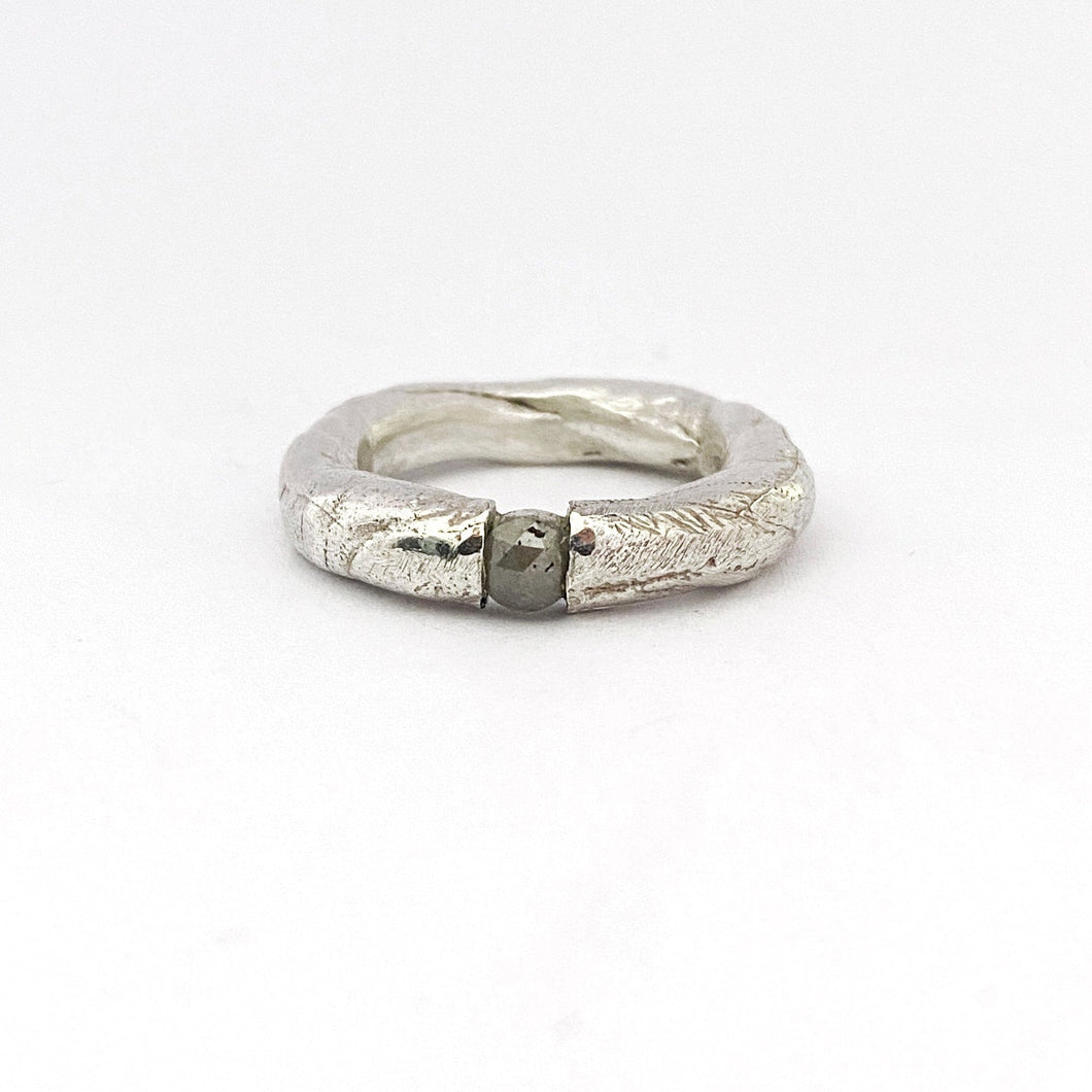 Designer organic silver ring with round rose cut salt and pepper diamond