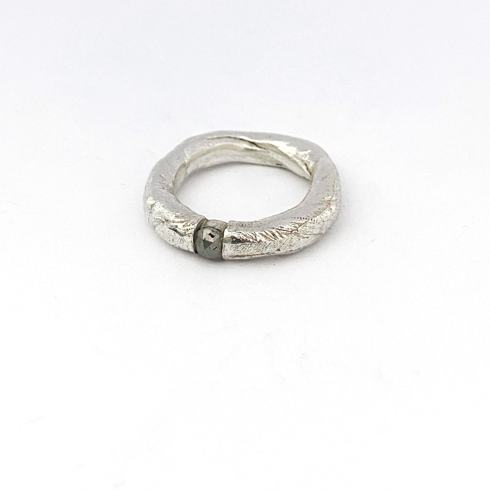 Silver organic ring with round rose cut salt and pepper diamond ring by designer Savage Jewellery