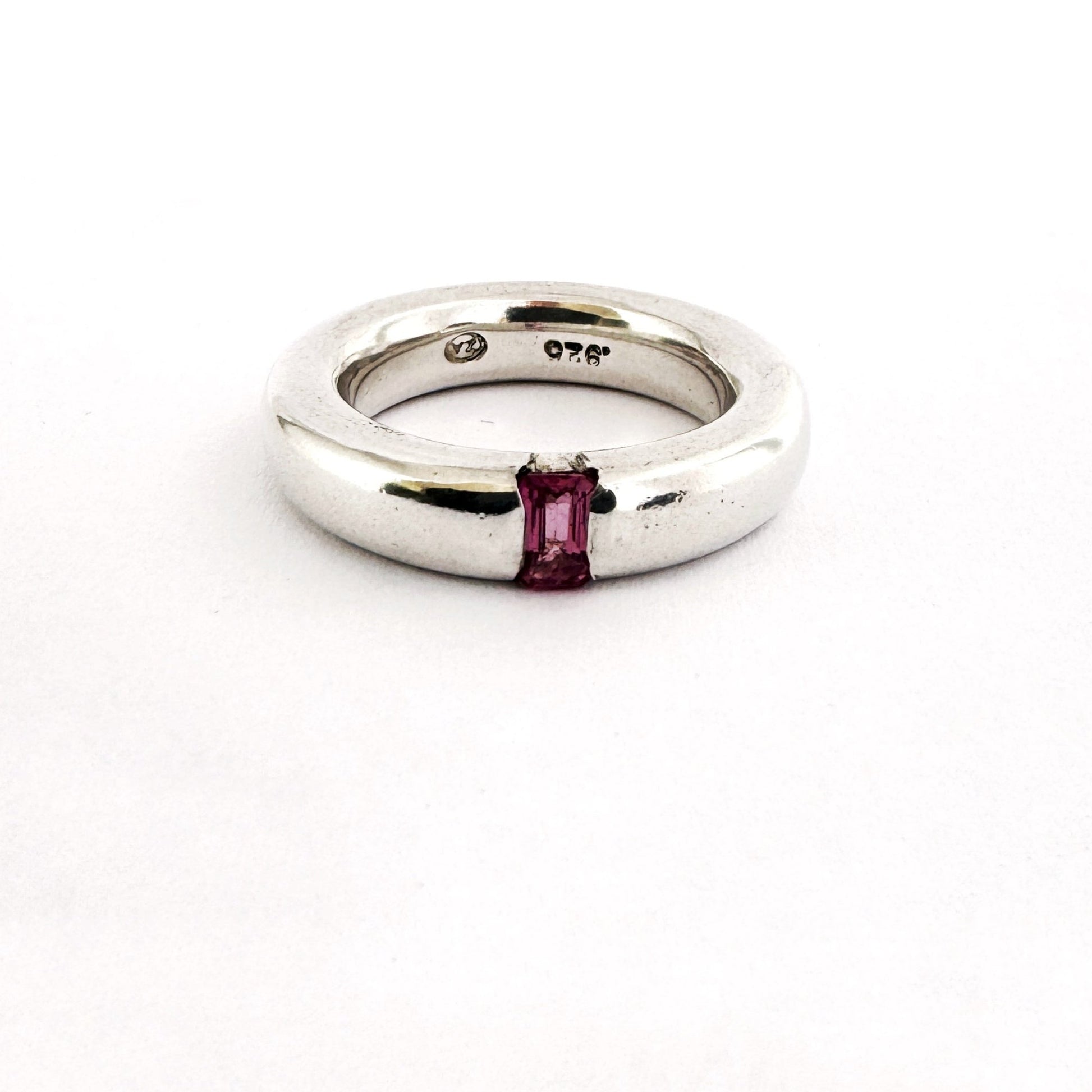 Chunky silver bank with pink tourmaline baguette by Savage Jewellery