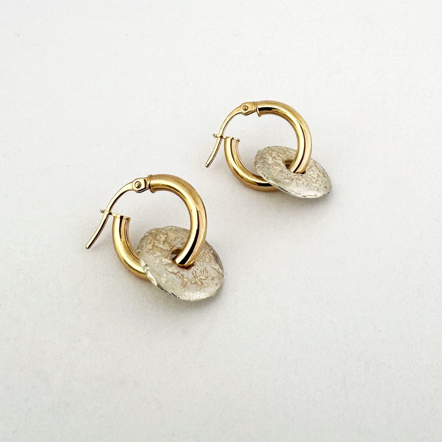 two tone earrings - Modern Sandcast donut element on gold hoop earring for everyday wear by Savage Jewellery