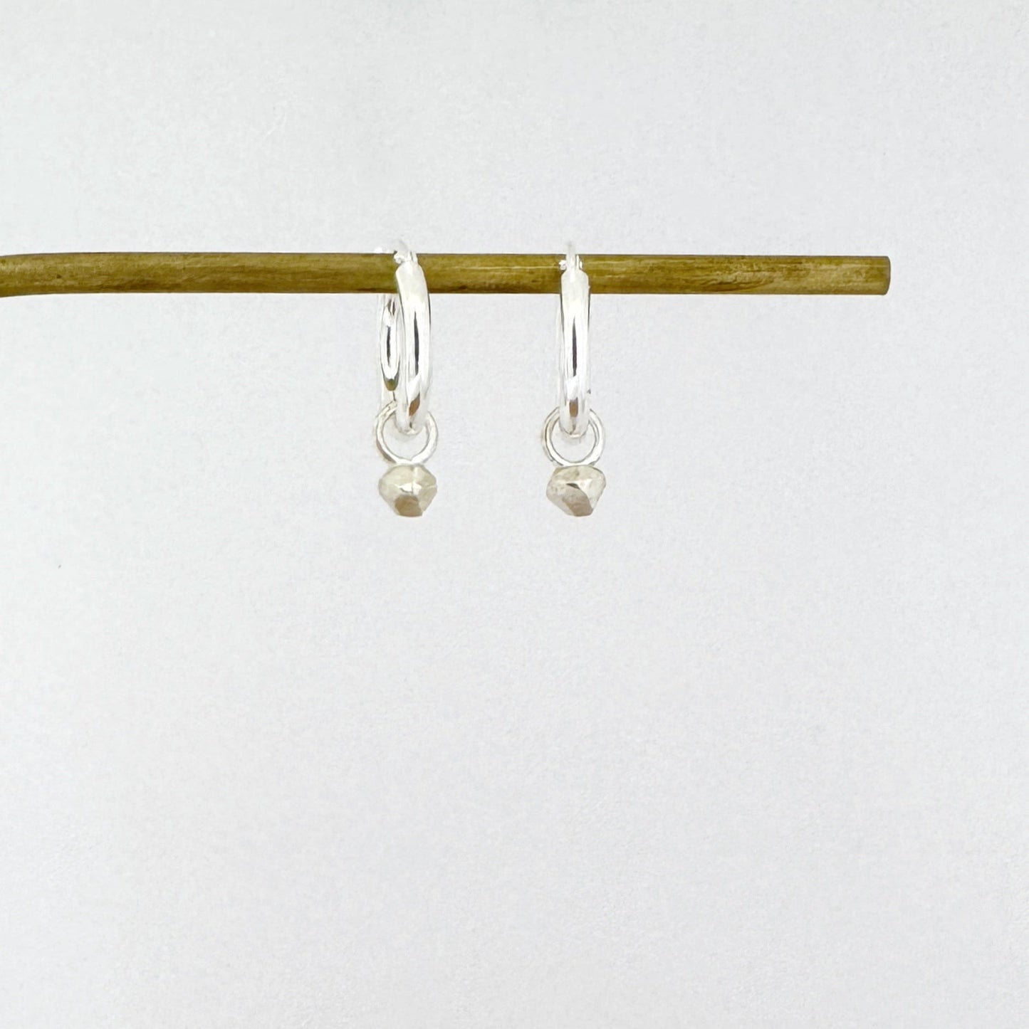 Simple modern hoop earrings with tiny nugget charm - earrings for everyday wear by Savage Jewellery