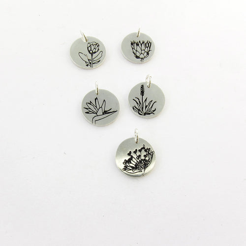 South African flower charms in sterling silver designed by Savage Jewellery
