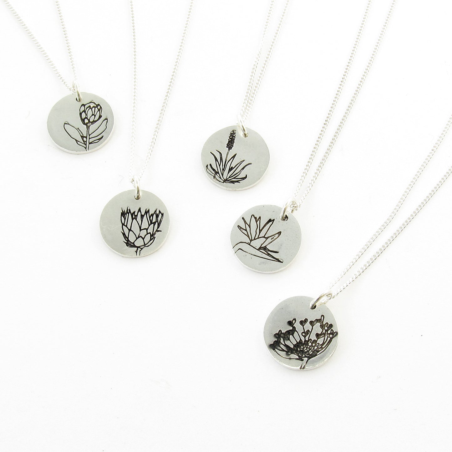 South African flowers - designer jewellery - protea, king protea, aloe, strelitzia, pincushion protea drawings on silver disks on chain