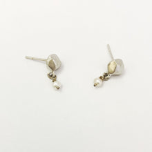 Silver faceted nugget studs with pearl drops on white background by Savage Jewellery