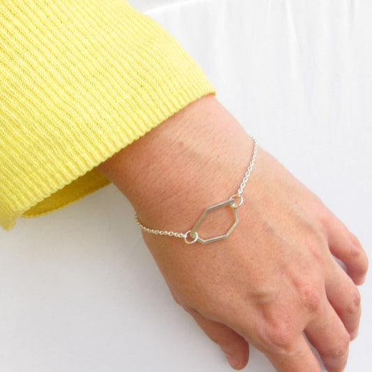 hexagon bracelet in sterling silver on a wrist