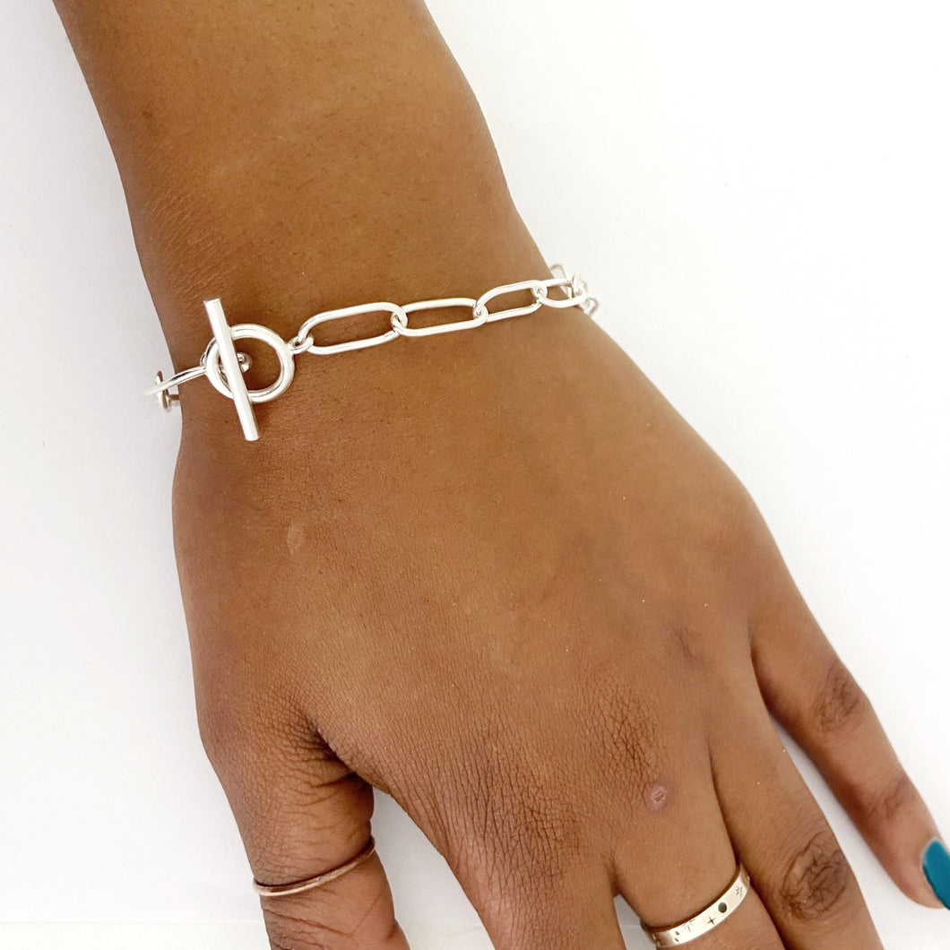 Paperclip chain bracelet in sterling silver with fob catch by designer Savage Jewellery