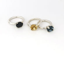 four claw silver stacking rings with black spinel, citrine, london blue topaz