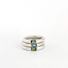 All Sorts gem stacking rings in tourmaline, topaz and peridot by designer Nicky Savage for Savage Jewellery