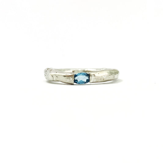 organic ring by designer Savage Jewellery, silver with blue topaz, November birthstone